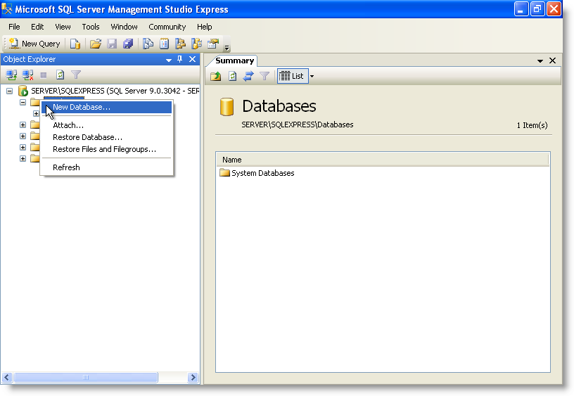 SQL Server Management Studio: Object Explorer - New Database