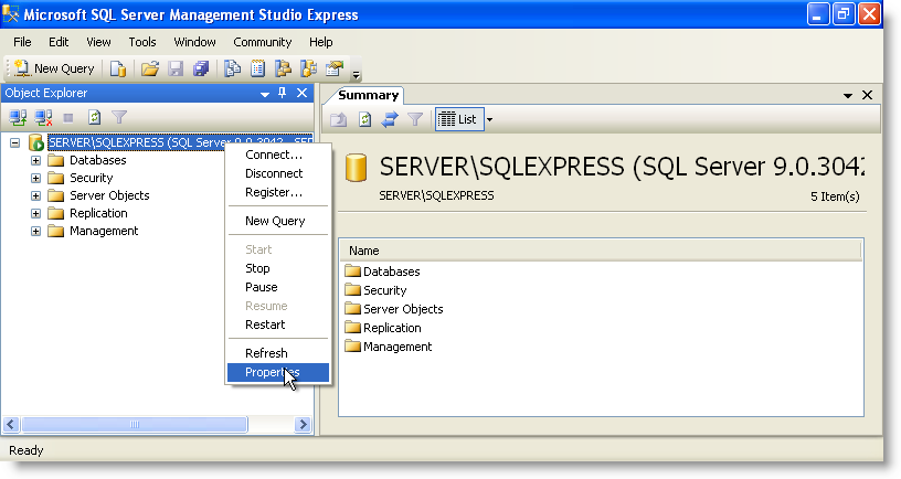 SQL Server Management Studio Express - Object Explorer
